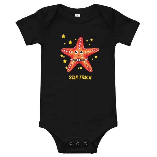 Tracheostomy onsie in black with image of a starfish with a tracheostomy tube and Star Trach written underneathe