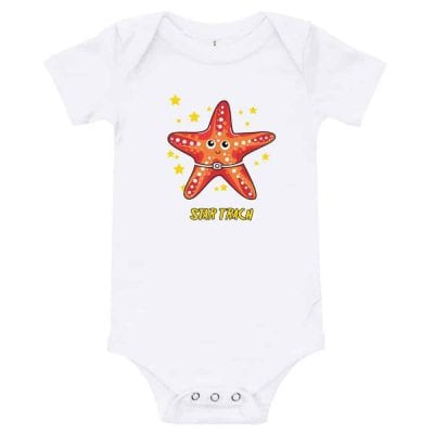 Tracheostomy onsie with a starfish that has a tracheostomy tube with Star Trach written undernathe