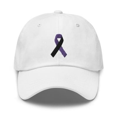 tracheostomy awareness hat with purple and black ribbon
